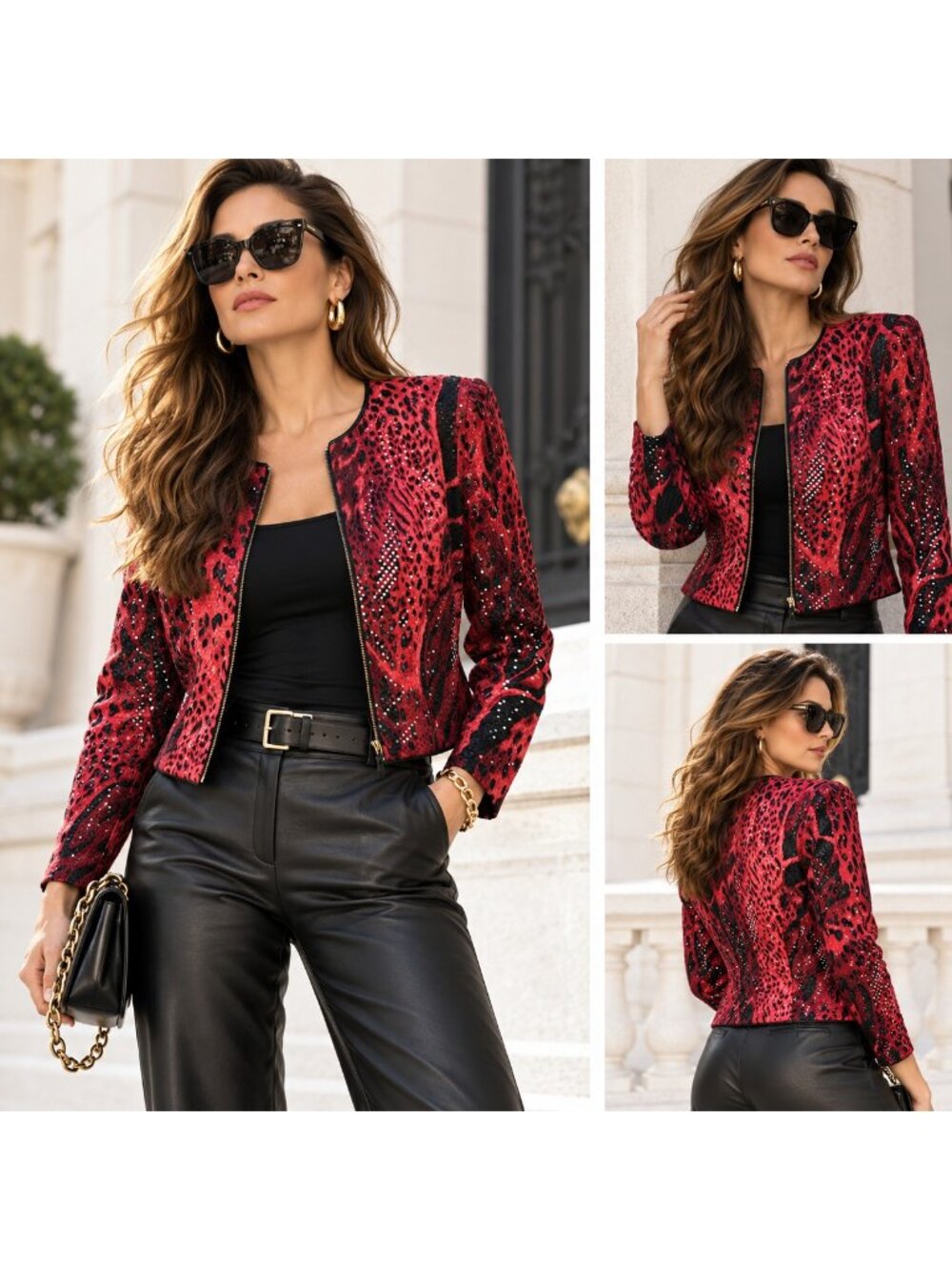 Joseph Ribkoff Womens Red Black Animal Print Leopard Sequin Zip Front Jacket 6